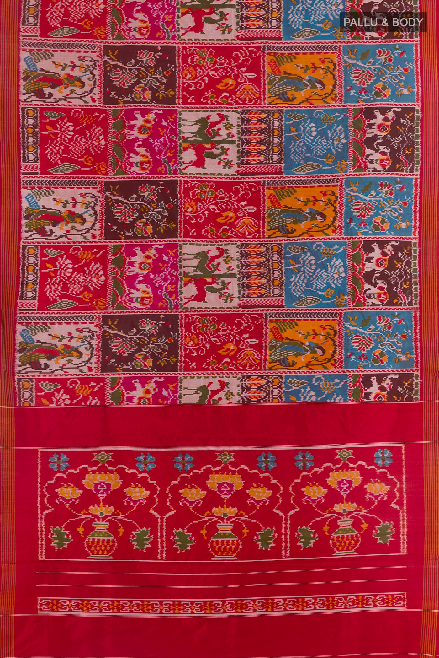 Flat view of Multi Color Pochampally Silk Saree with Pure Ikat on the body and Ikat Border. 