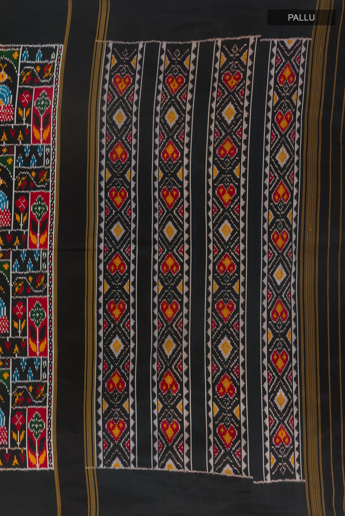 Close up image of the pallu of Black Pochampally Silk Saree with Pure Ikat on the body and Ikat Border. 