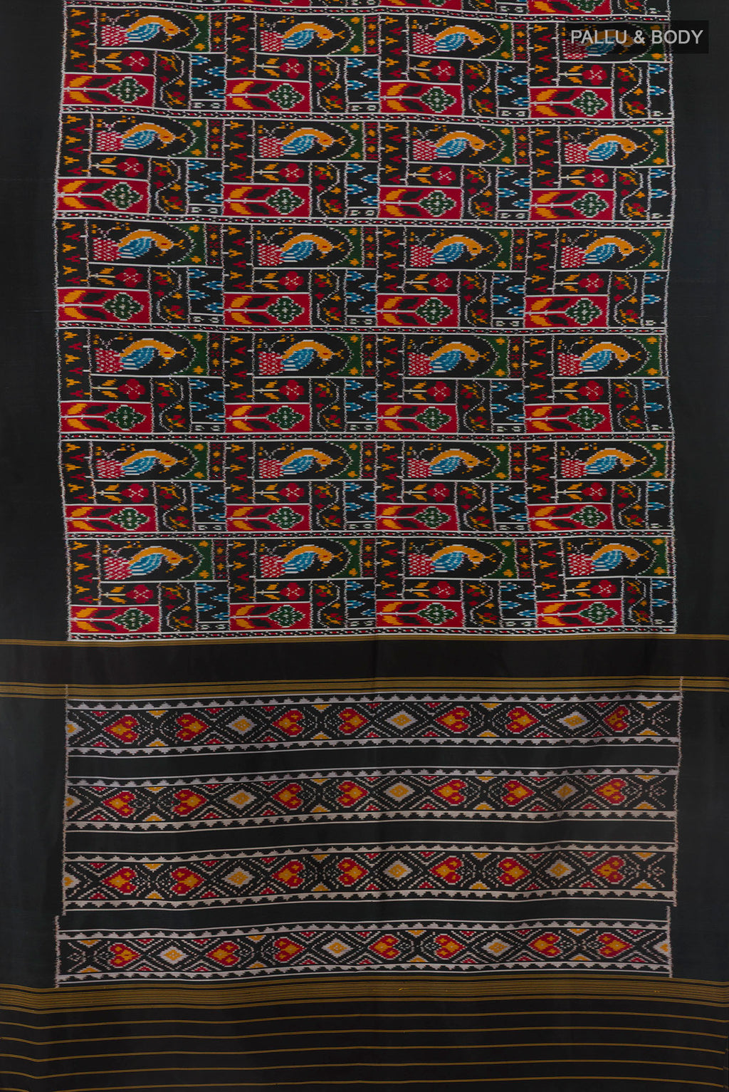 Flat view of Black Pochampally Silk Saree with Pure Ikat on the body and Ikat Border. 