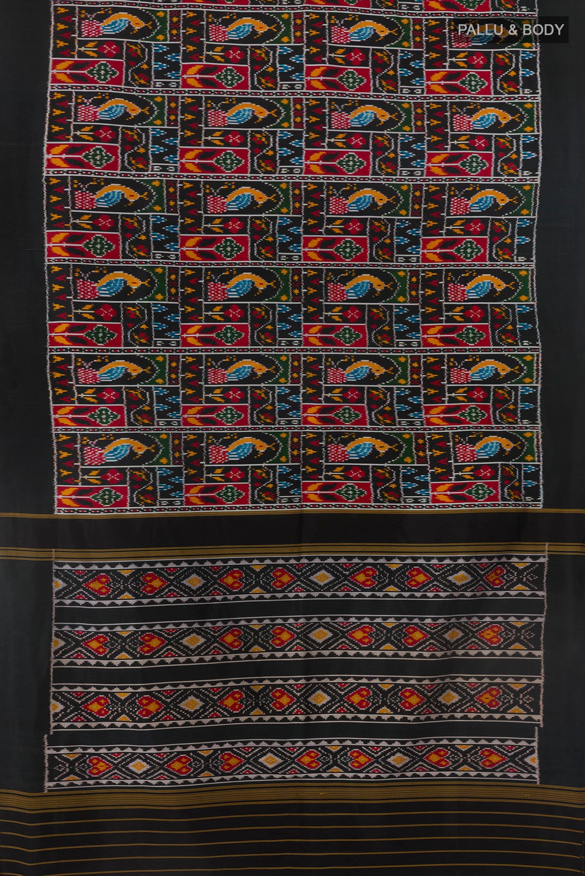 Flat view of Black Pochampally Silk Saree with Pure Ikat on the body and Ikat Border. 