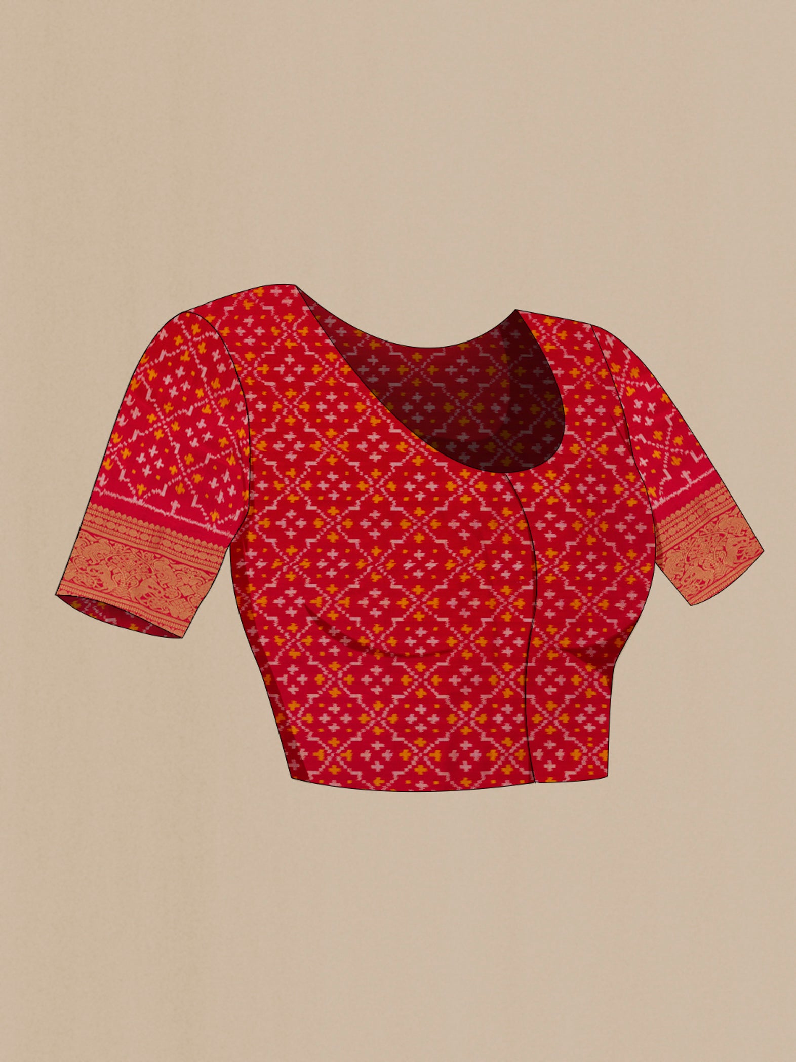 Close up image of the blouse of Red Pochampally Silk Saree with Pure Ikat on the body and Zari Border. 