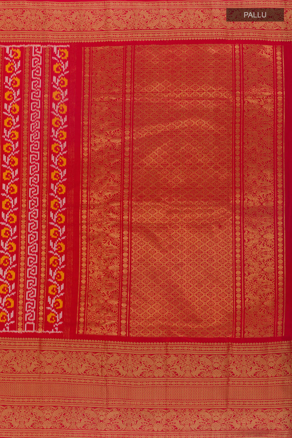 Close up image of the pallu of Red Pochampally Silk Saree with Pure Ikat on the body and Zari Border. 