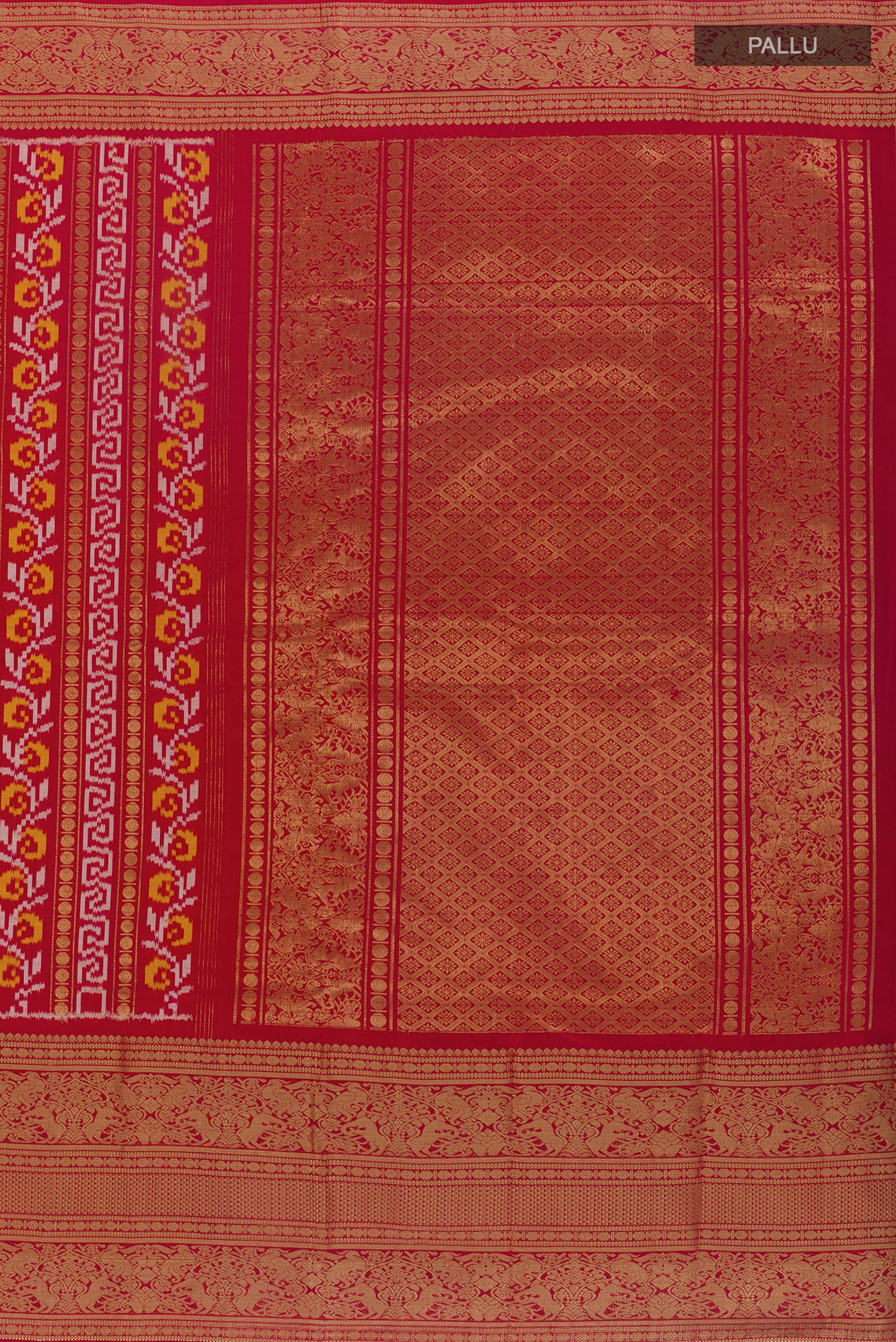 Close up image of the pallu of Red Pochampally Silk Saree with Pure Ikat on the body and Zari Border. 