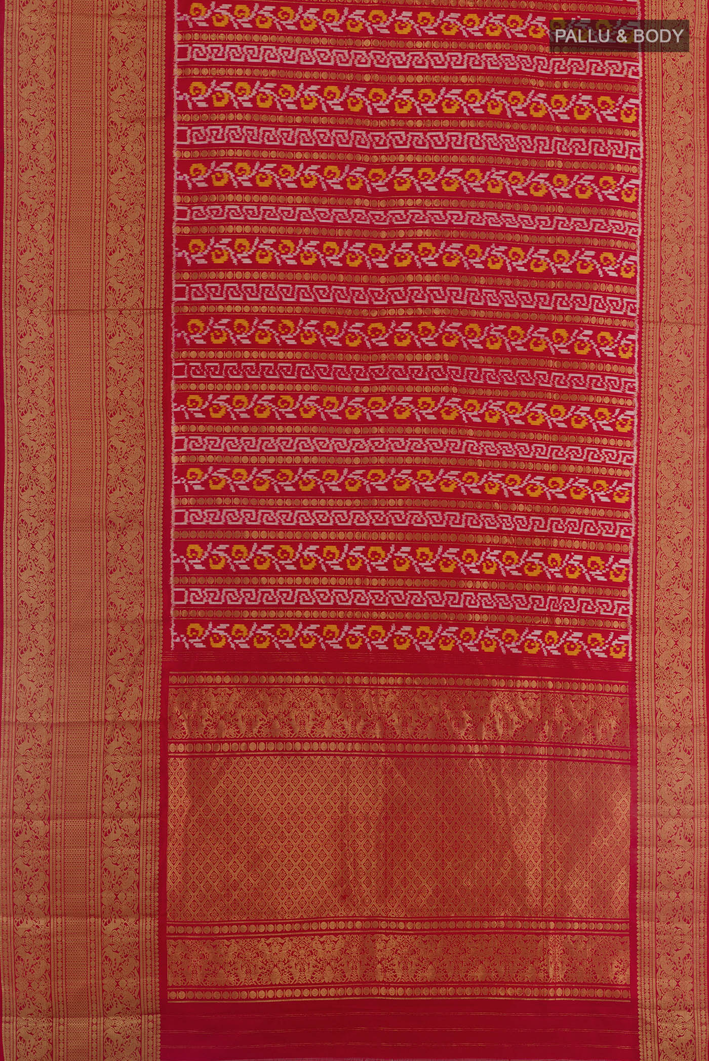 Flat view of Red Pochampally Silk Saree with Pure Ikat on the body and Zari Border. 