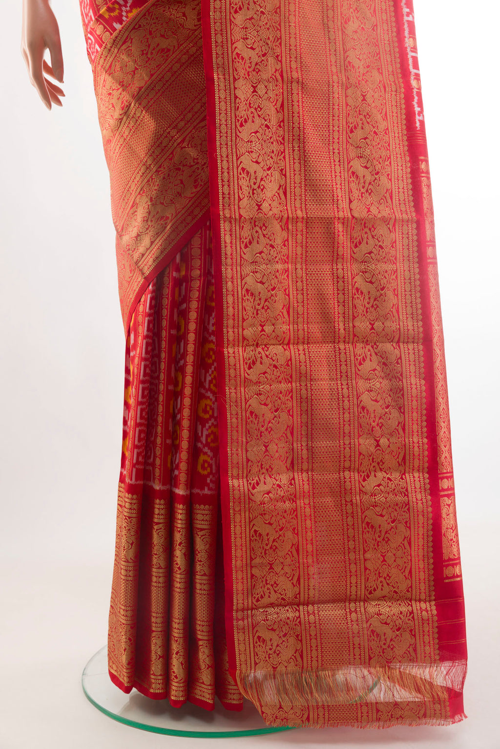 Pleats and pallu of Red Pochampally Silk Saree with Pure Ikat on the body and Zari Border. 