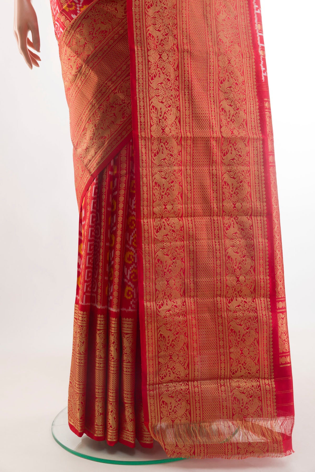 Pleats and pallu of Red Pochampally Silk Saree with Pure Ikat on the body and Zari Border. 