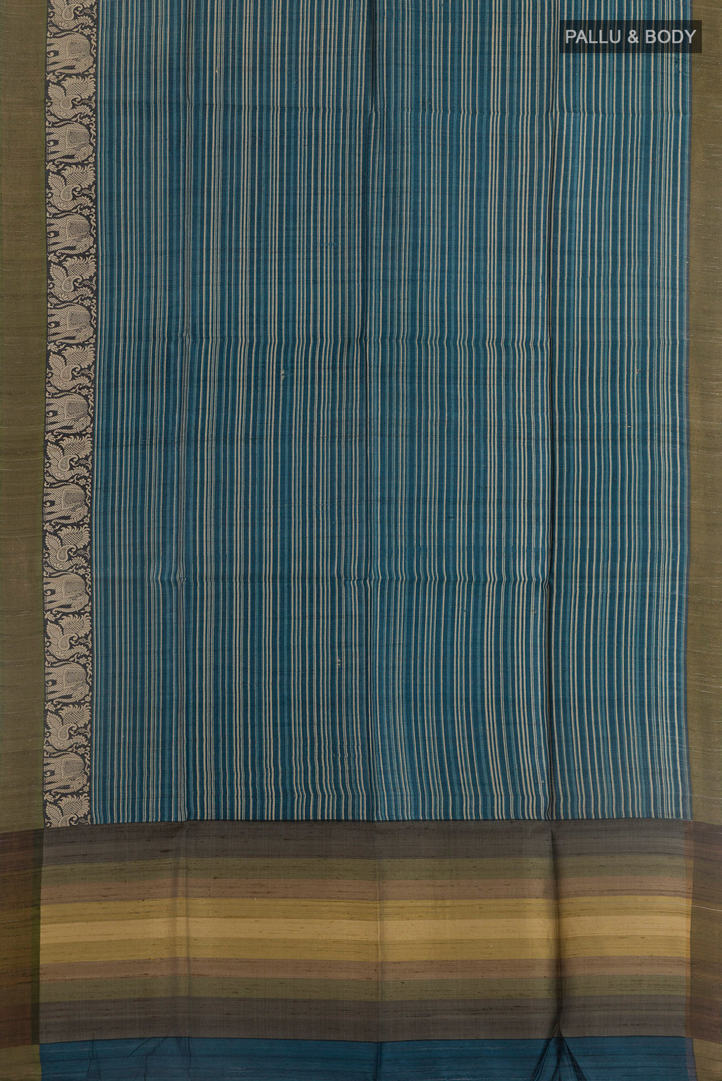 Flat view of Blue Tussar Silk Saree with Stripes on the body and Zari Border. 