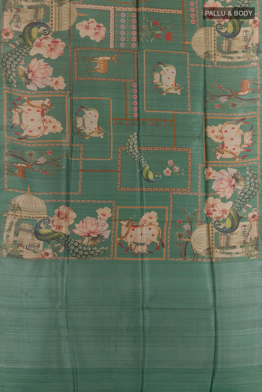 Flat view of Green Tussar Silk Saree with Printed design on the body and Zari Border. 