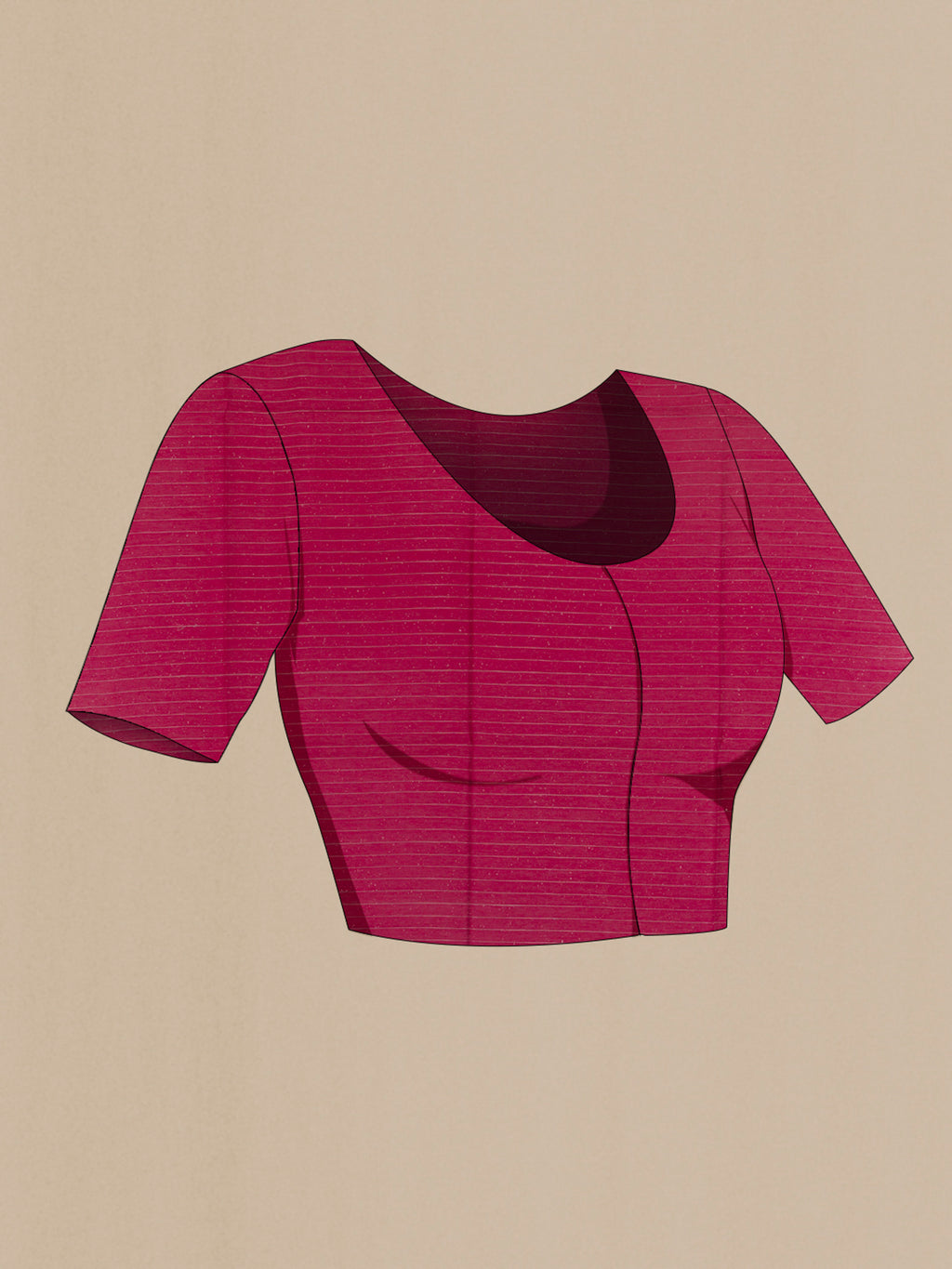 Close up image of the blouse of Magenta Tussar Silk Saree with Printed design on the body and Zari Border. 