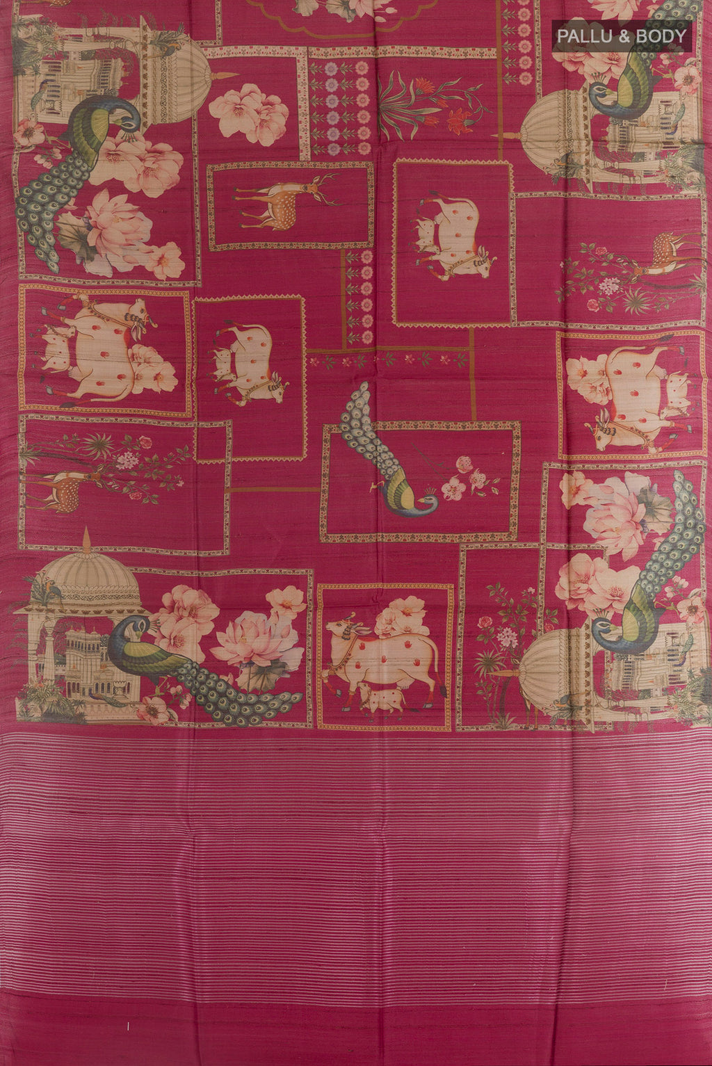 Flat view of Magenta Tussar Silk Saree with Printed design on the body and Zari Border. 