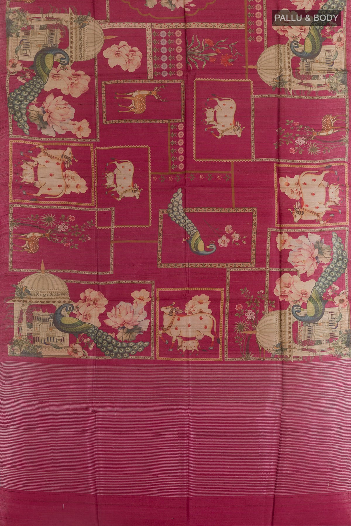 Flat view of Magenta Tussar Silk Saree with Printed design on the body and Zari Border. 