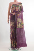 Purple Tussar Silk Saree with Floral Print on the body and Zari Border.  displayed on a mannequin