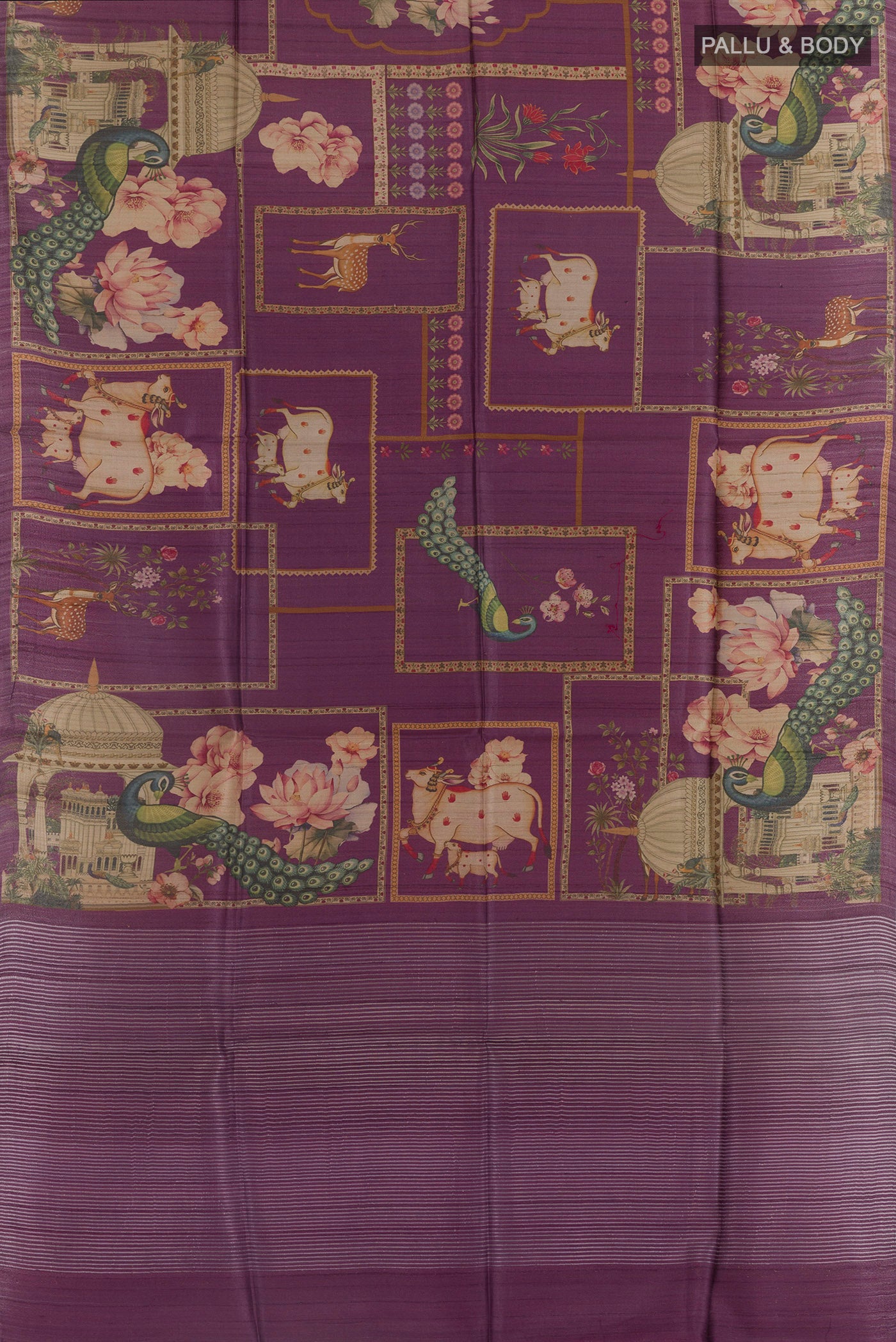 Flat view of Purple Tussar Silk Saree with Floral Print on the body and Zari Border. 