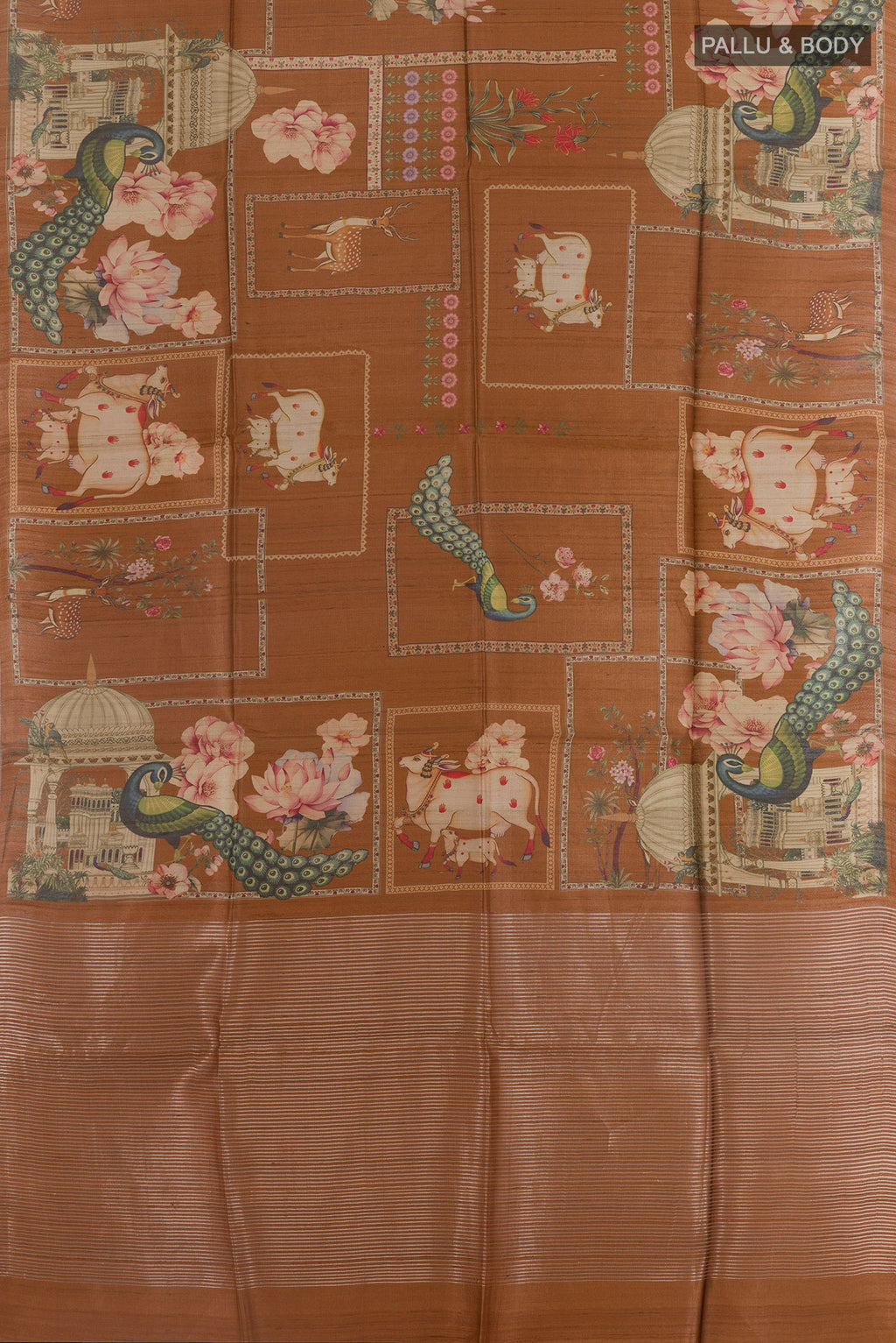 Flat view of Brown Tussar Silk Saree with Printed design on the body and Zari Border. 