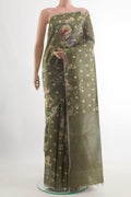Mehandi Green Tussar Silk Saree with Floral Print on the body and Zari Border.  displayed on a mannequin