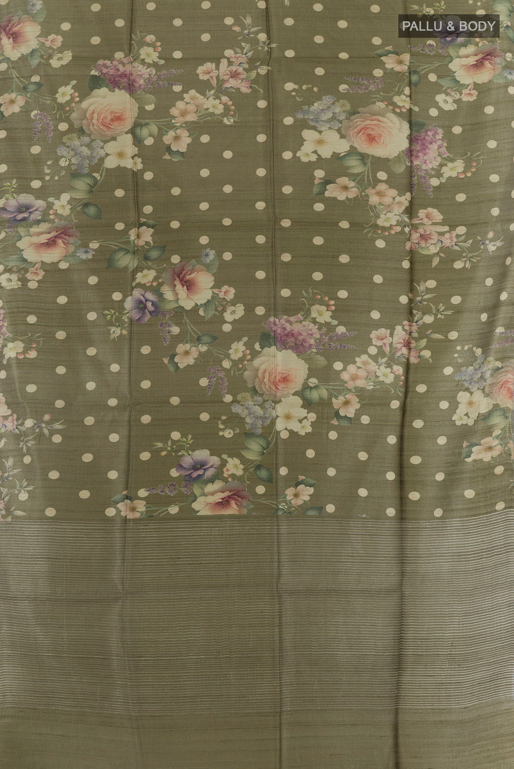 Flat view of Mehandi Green Tussar Silk Saree with Floral Print on the body and Zari Border. 
