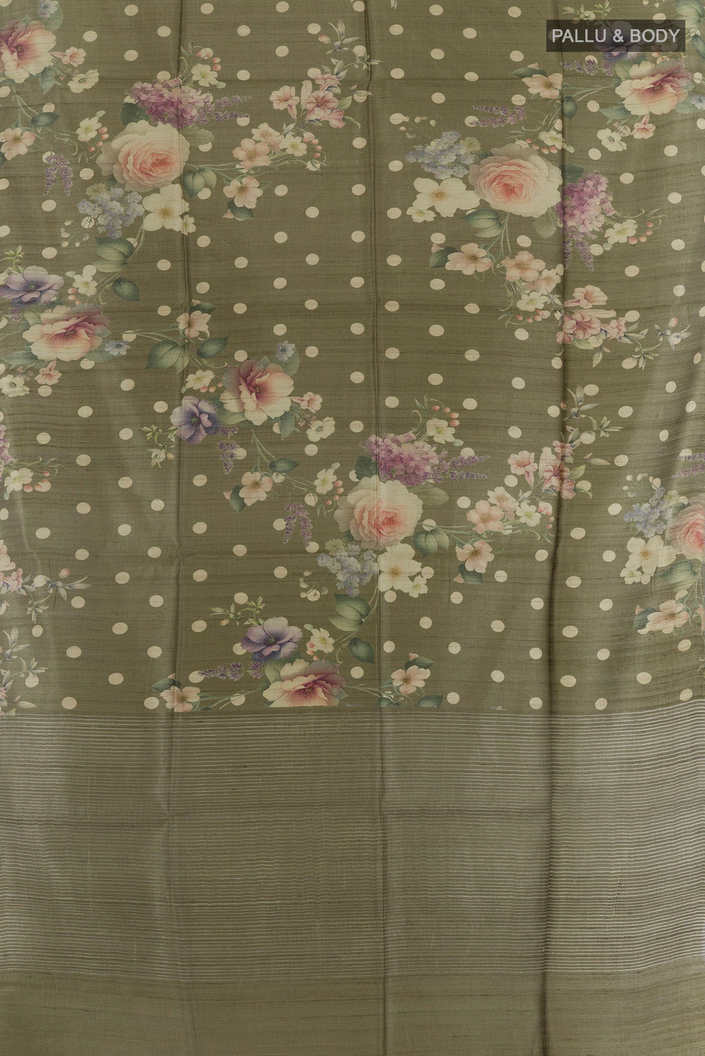 Flat view of Mehandi Green Tussar Silk Saree with Floral Print on the body and Zari Border. 