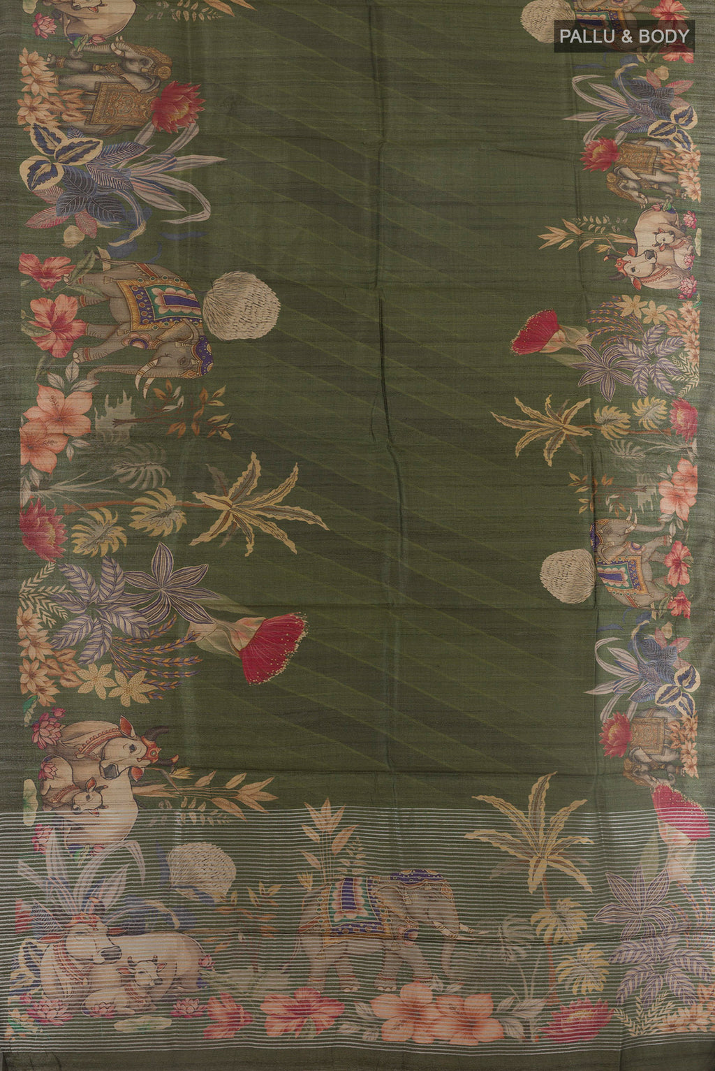 Flat view of Green Tussar Silk Saree with Printed design on the body and Zari Border. 