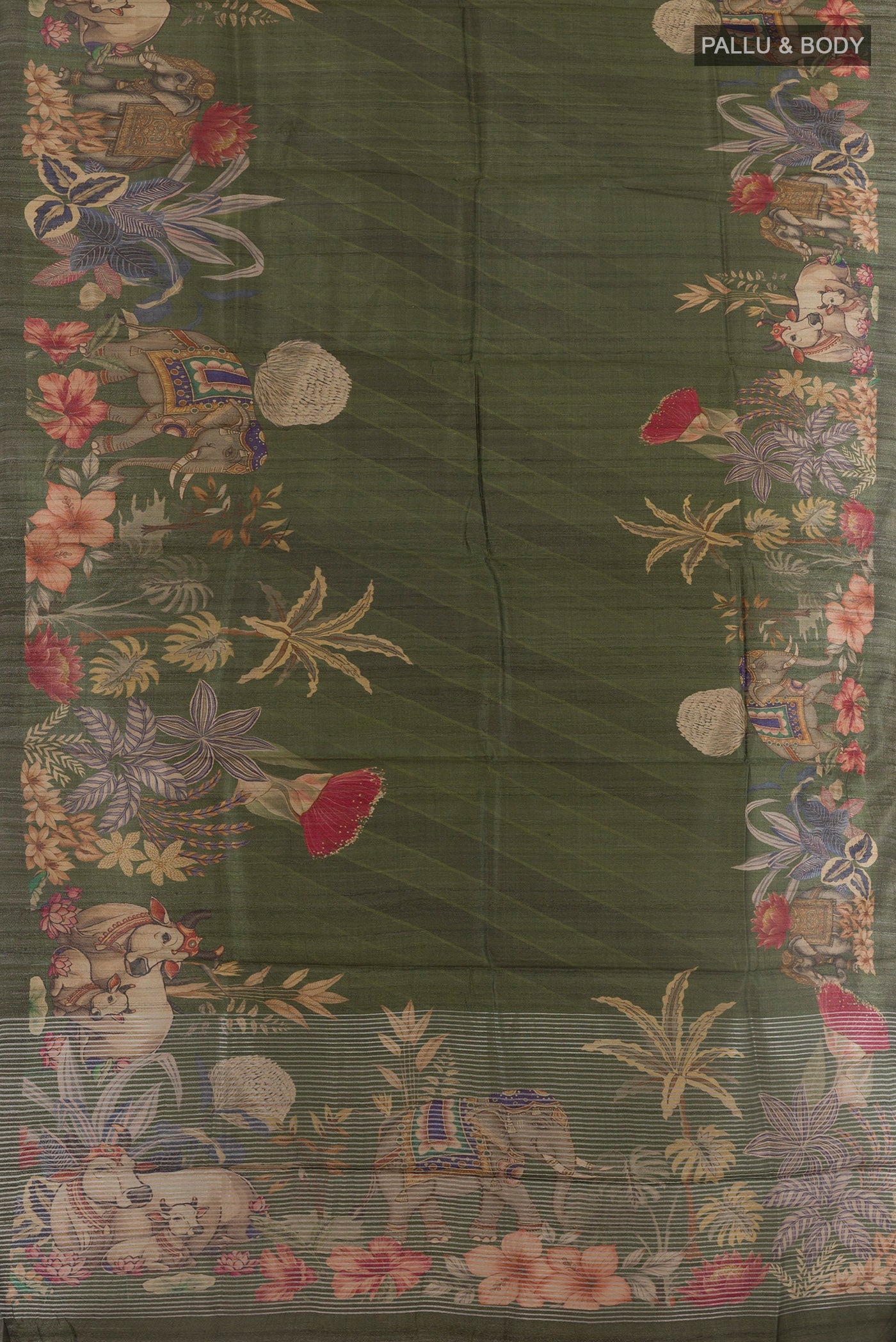 Flat view of Green Tussar Silk Saree with Printed design on the body and Zari Border. 