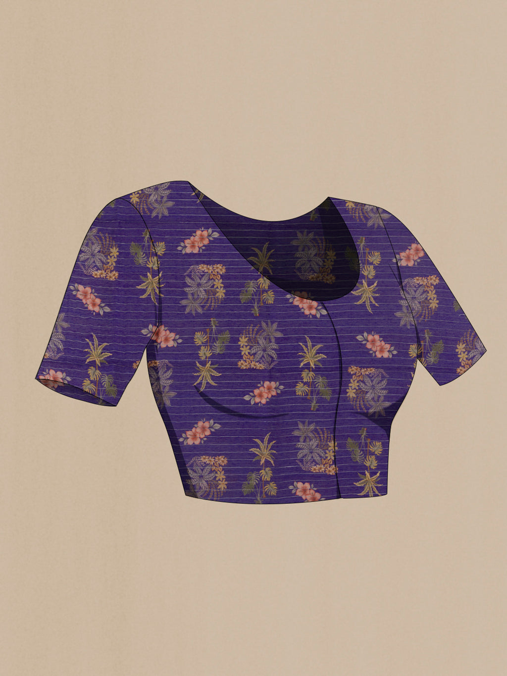 Close up image of the blouse of Violet Tussar Silk Saree with Printed design on the body and Zari Border. 