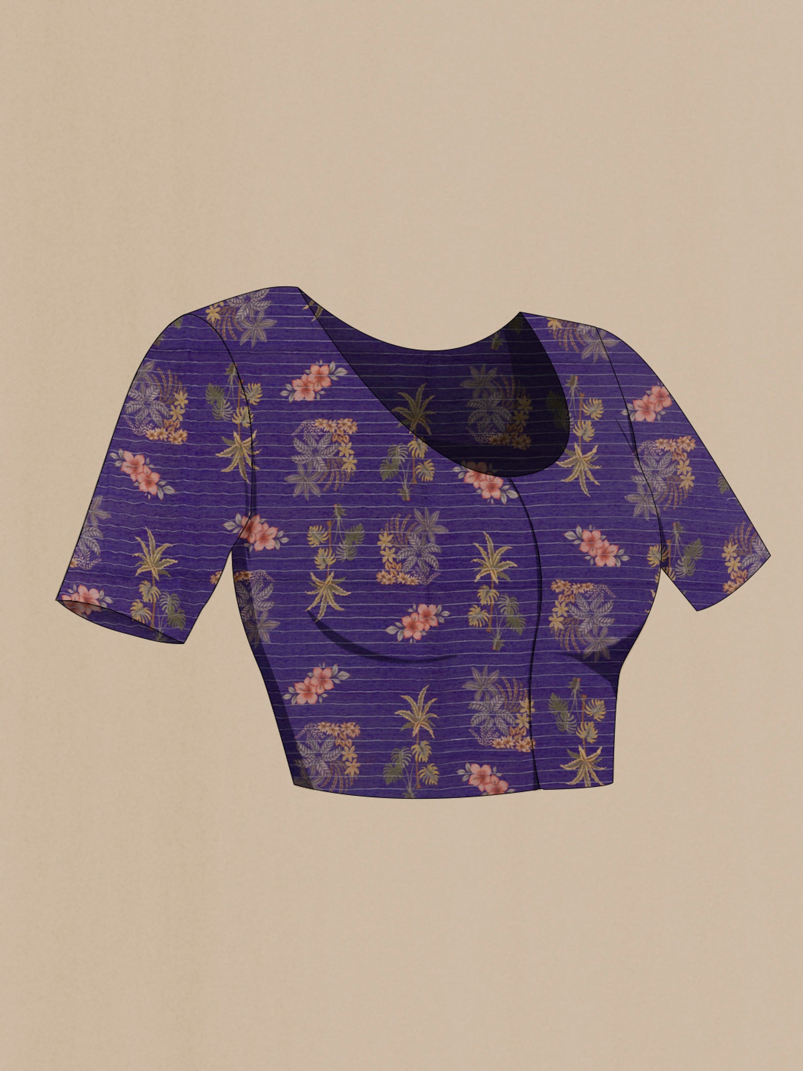 Close up image of the blouse of Violet Tussar Silk Saree with Printed design on the body and Zari Border. 