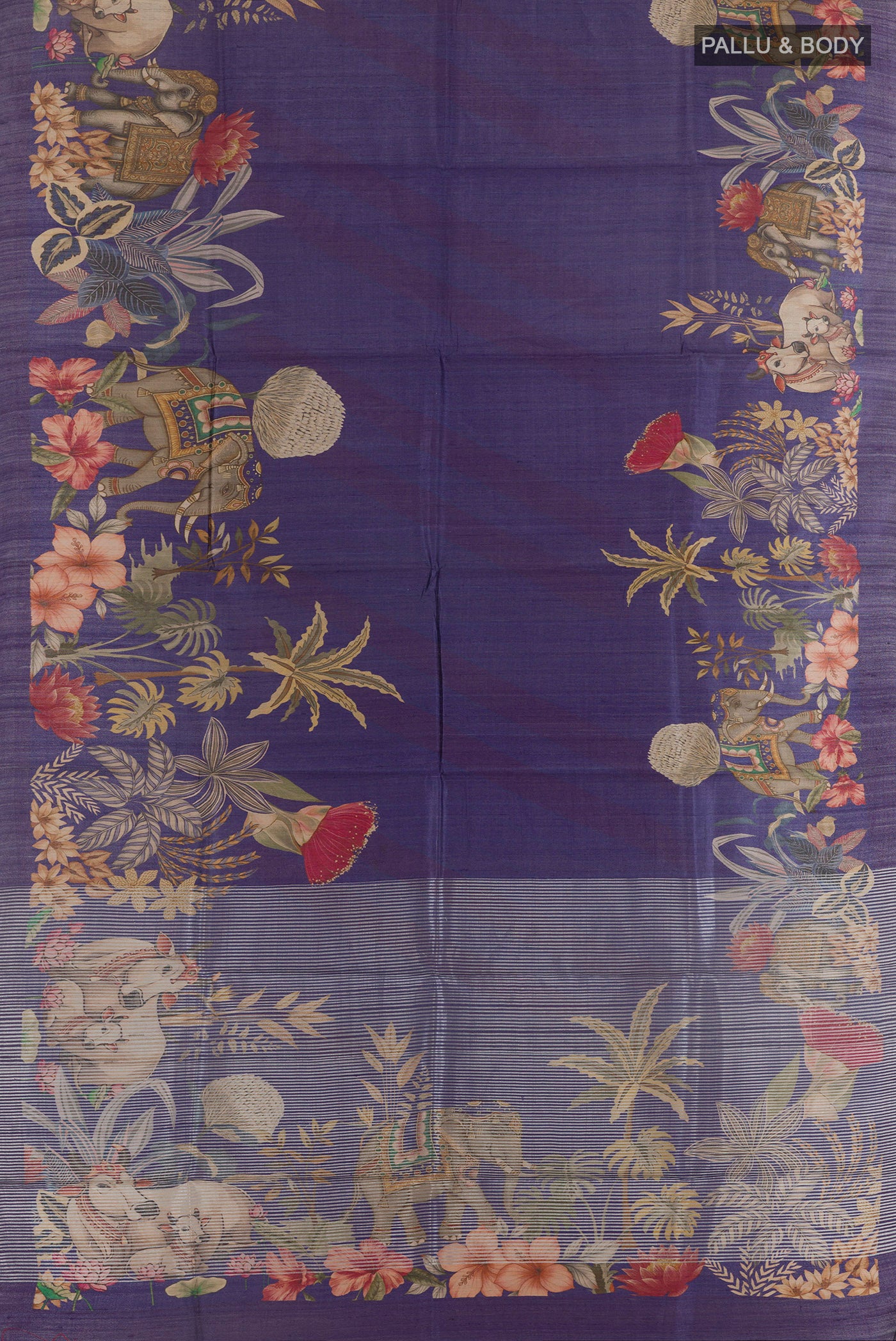 Flat view of Violet Tussar Silk Saree with Printed design on the body and Zari Border. 