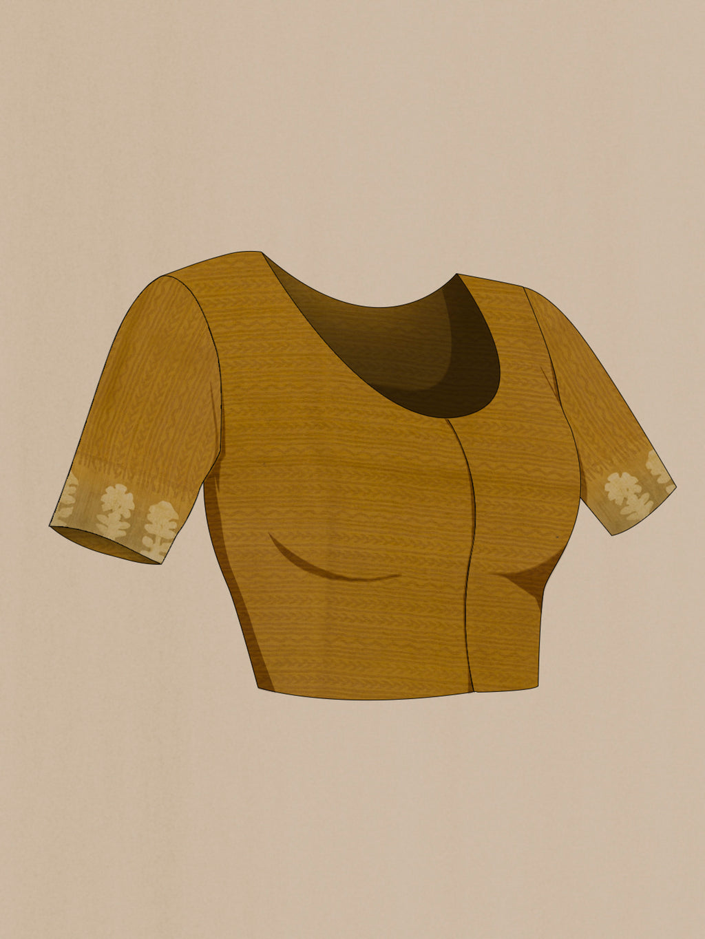 Close up image of the blouse of Mehandi Green Tussar Silk Saree with Batik Print on the body and Zari Border. 