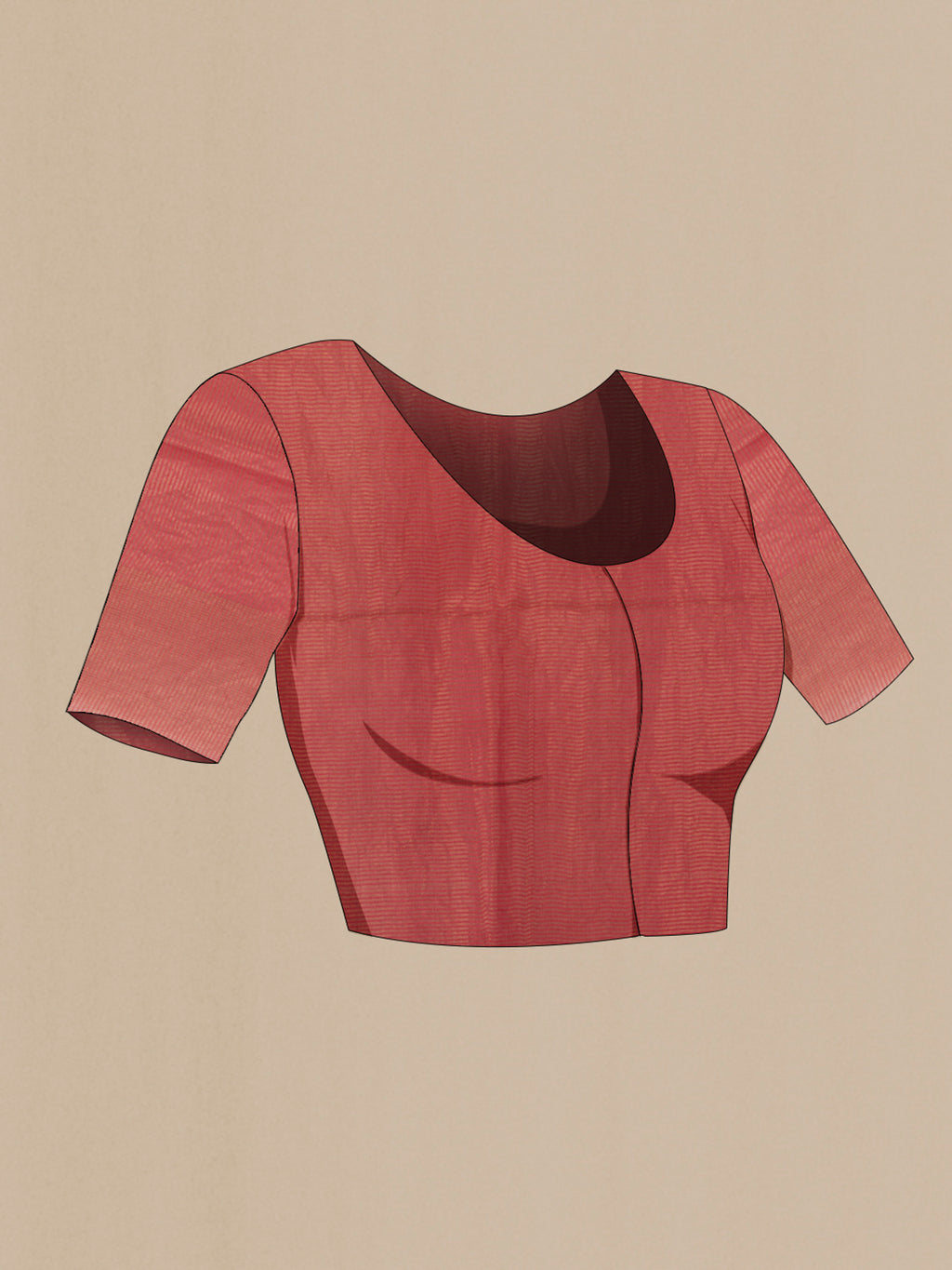 Close up image of the blouse of Red Tussar Silk Saree with Printed design on the body and Zari Border. 