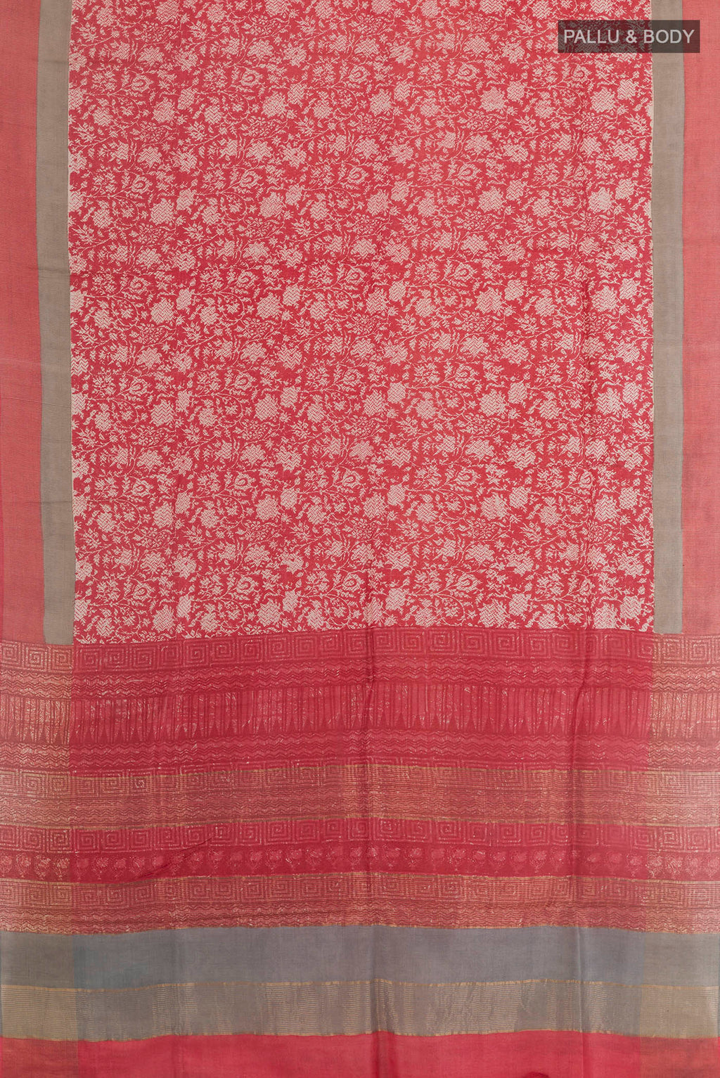 Flat view of Red Tussar Silk Saree with Printed design on the body and Zari Border. 