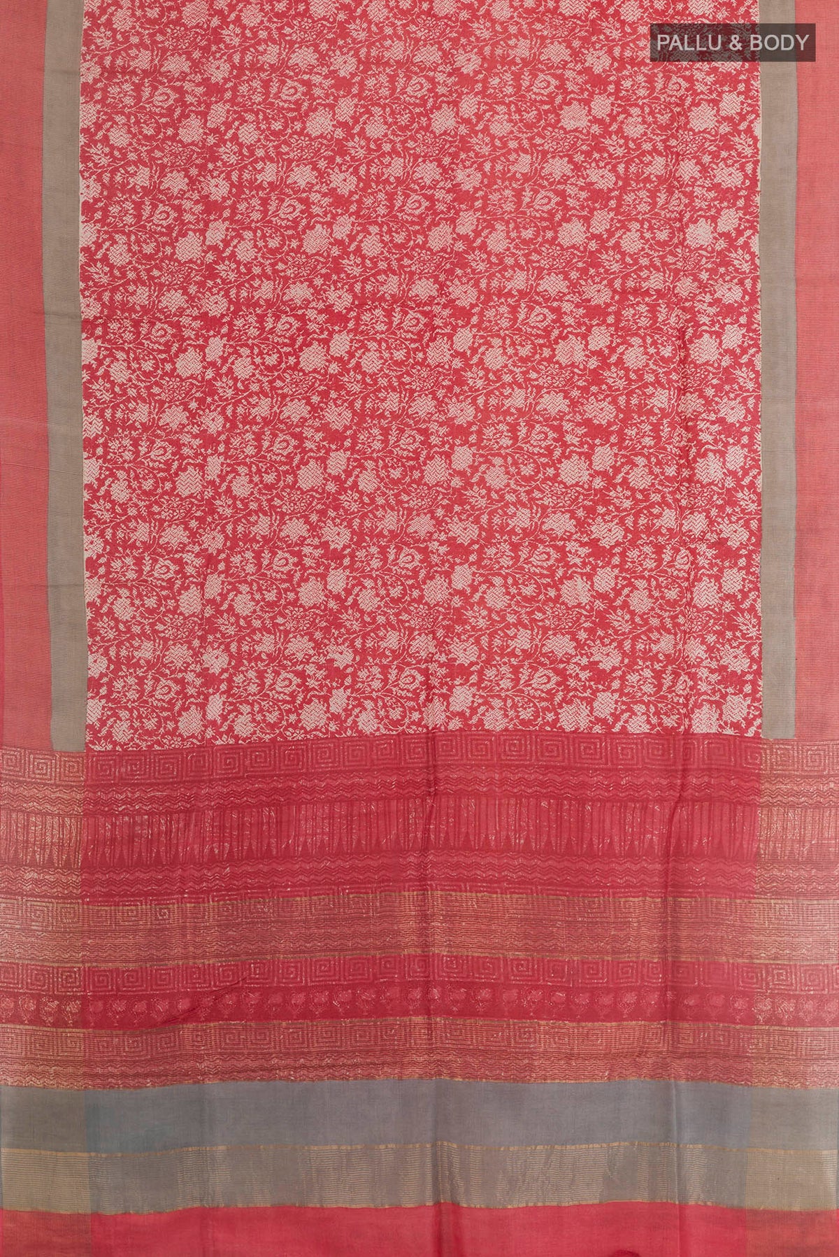 Flat view of Red Tussar Silk Saree with Printed design on the body and Zari Border. 