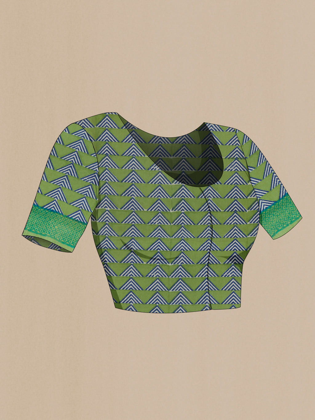 Close up image of the blouse of Blue Tussar Silk Saree with Printed design on the body and Printed Border. 