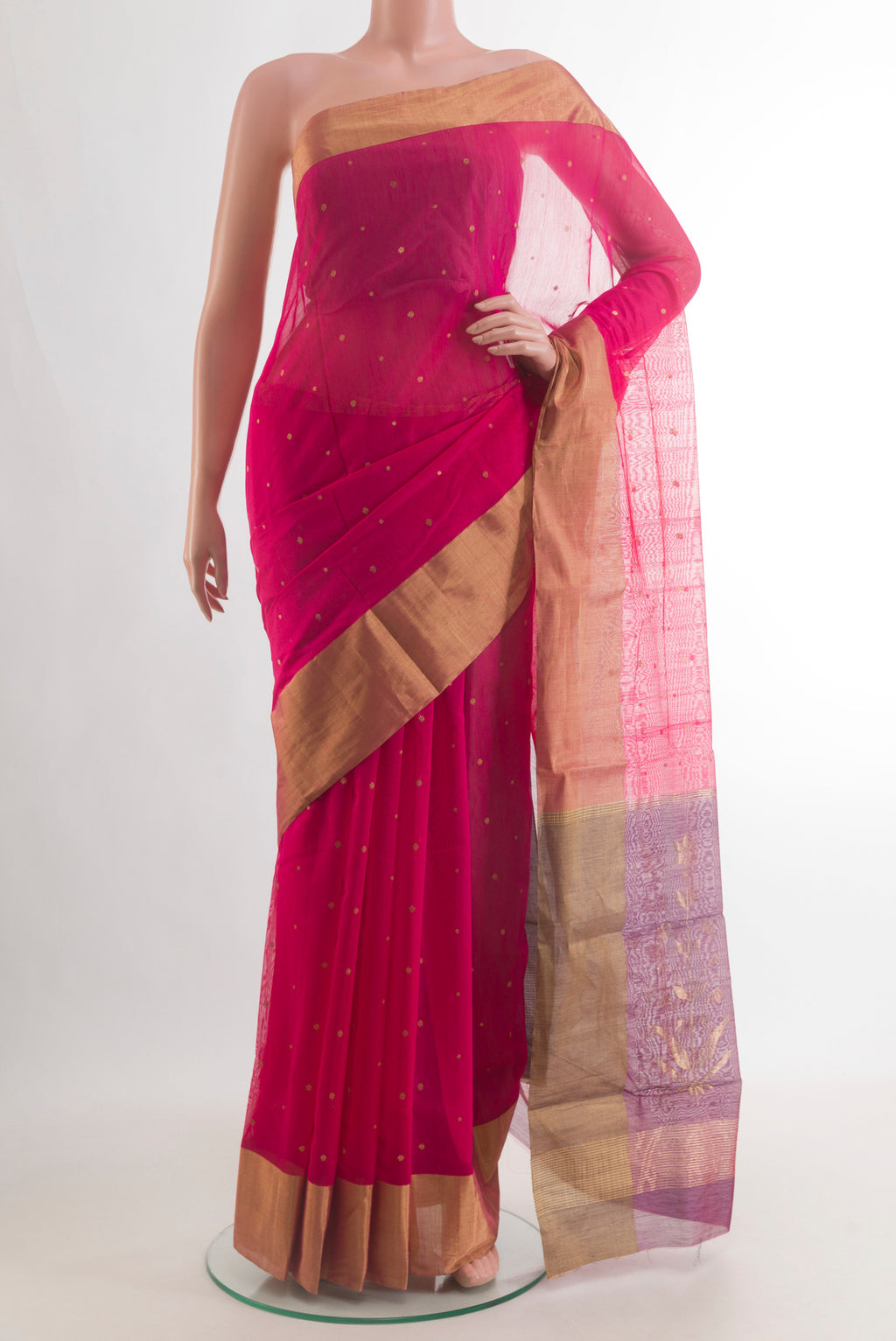 Pink Chanderi Cotton Saree with Zari Butta on the body and Zari Border.  displayed on a mannequin