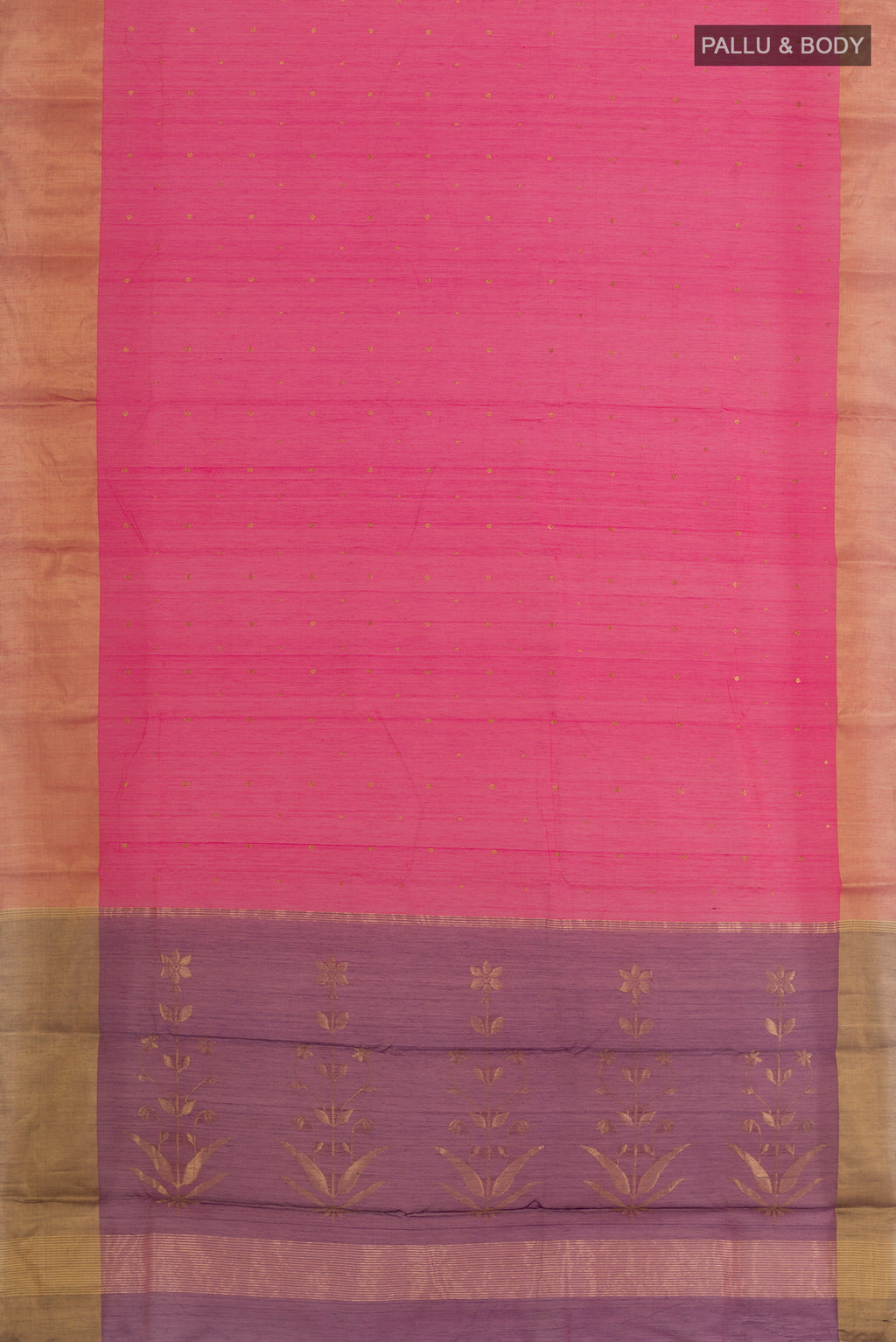 Flat view of Pink Chanderi Cotton Saree with Zari Butta on the body and Zari Border. 