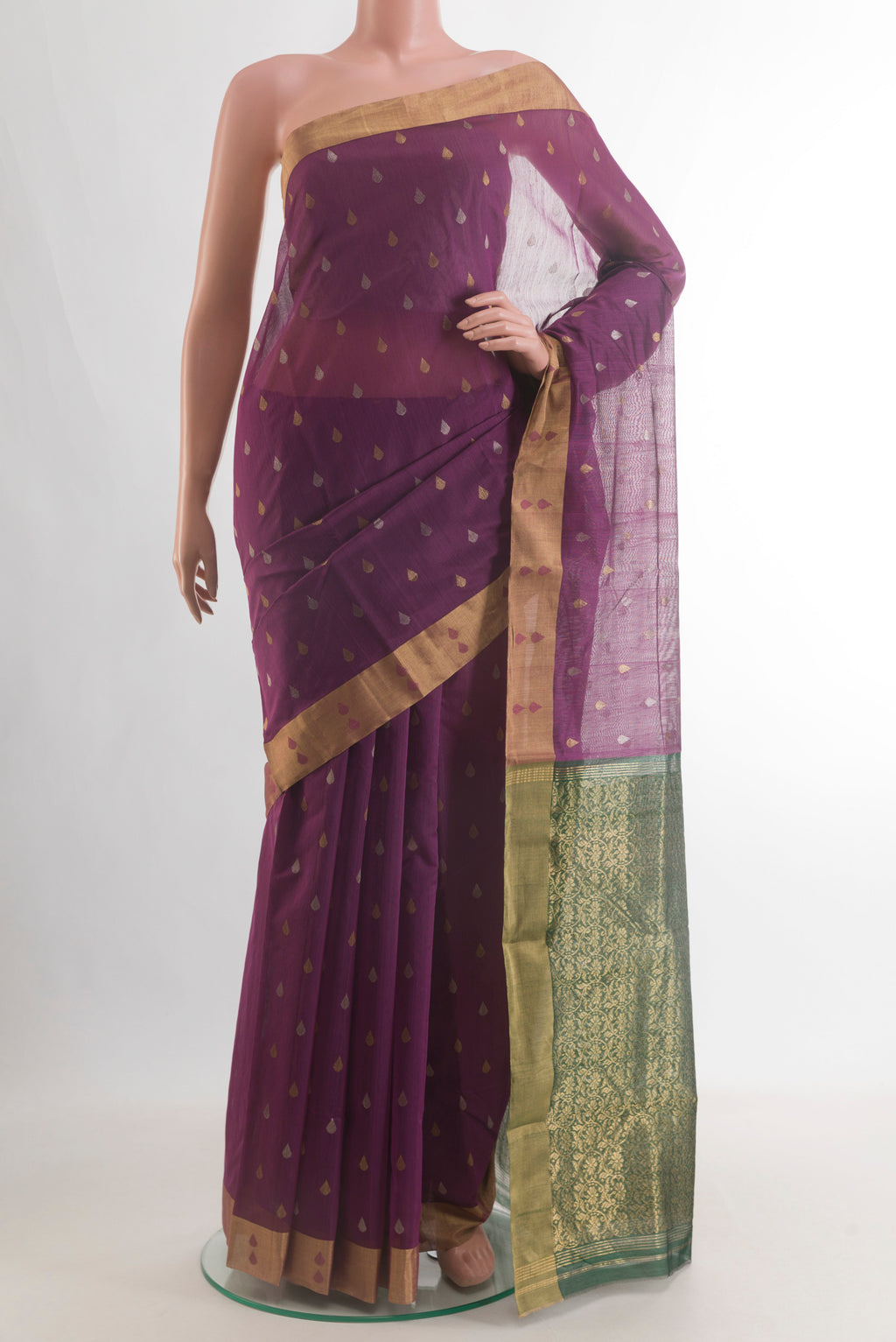 Purple Chanderi Cotton Saree with Zari Butta on the body and Zari Border.  displayed on a mannequin
