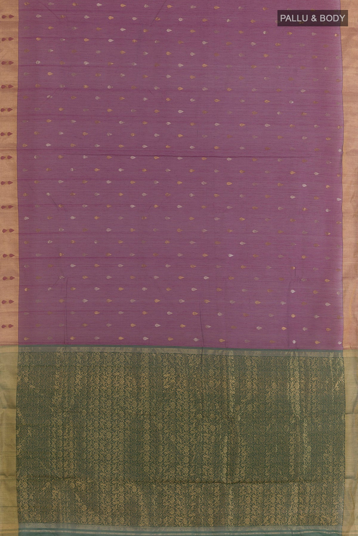 Flat view of Purple Chanderi Cotton Saree with Zari Butta on the body and Zari Border. 