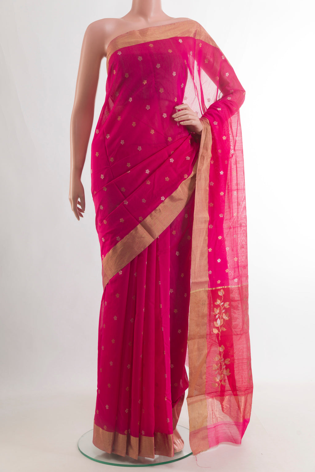 Pink Chanderi Cotton Saree with Zari Butta on the body and Zari Border.  displayed on a mannequin