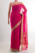 Pink Chanderi Cotton Saree with Zari Butta on the body and Zari Border.  displayed on a mannequin