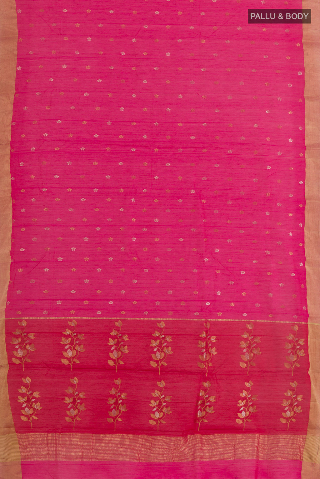 Flat view of Pink Chanderi Cotton Saree with Zari Butta on the body and Zari Border. 
