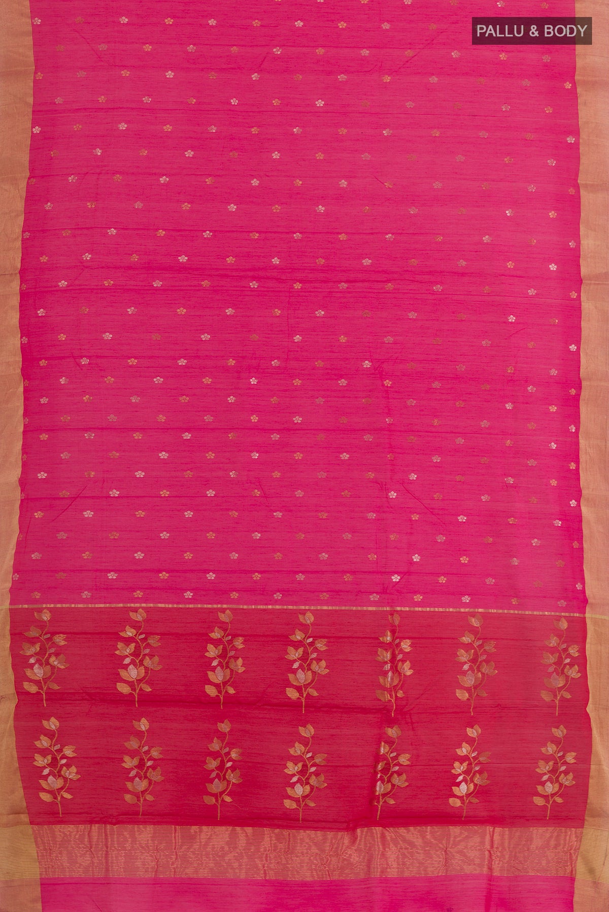 Flat view of Pink Chanderi Cotton Saree with Zari Butta on the body and Zari Border. 