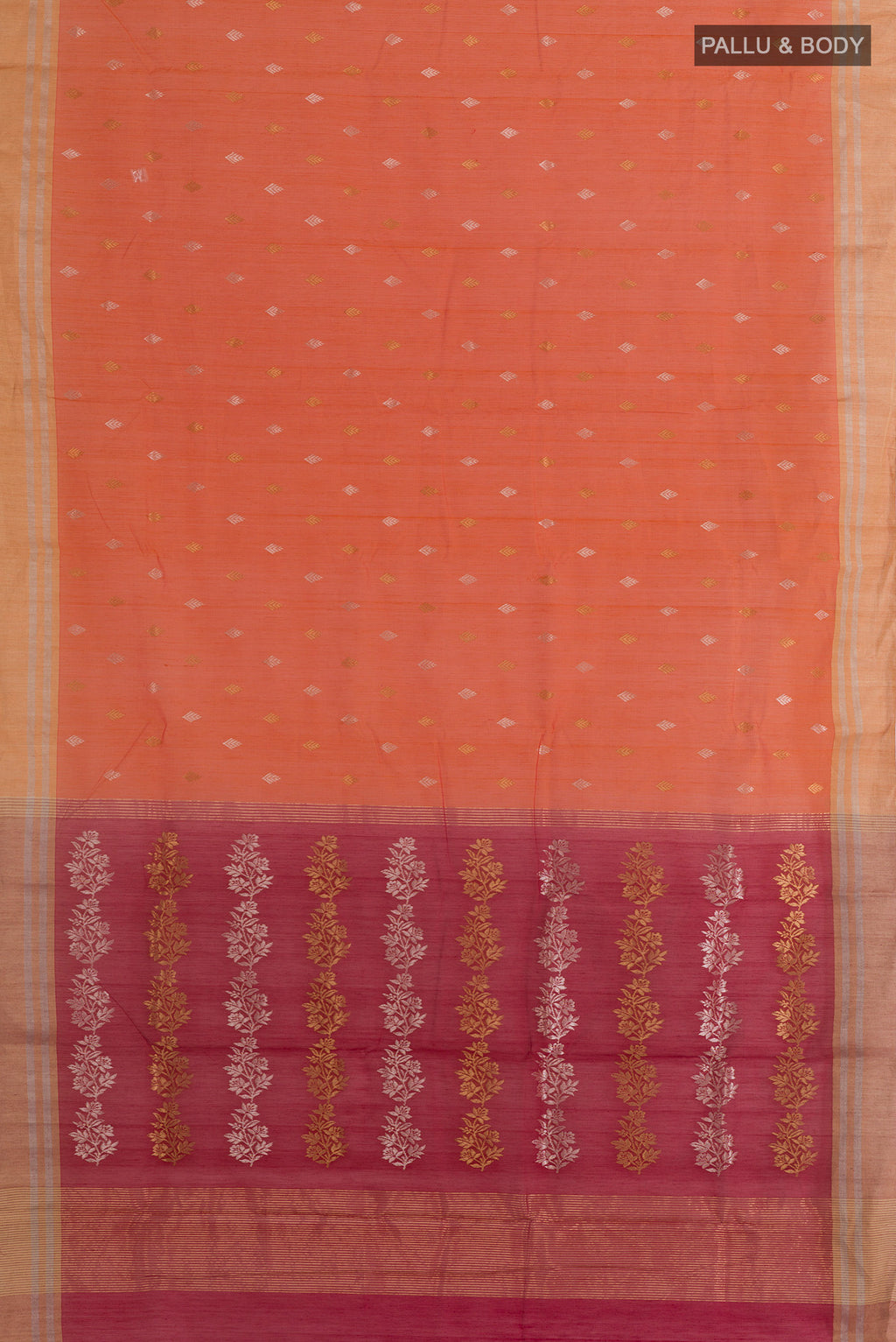 Flat view of Orange Chanderi Cotton Saree with Zari Butta on the body and Zari Border. 