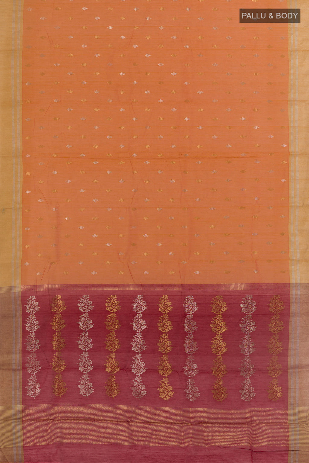 Flat view of Pure Silk Mustard Chanderi Cotton Saree with Zari Butta on the body and Zari Border. 