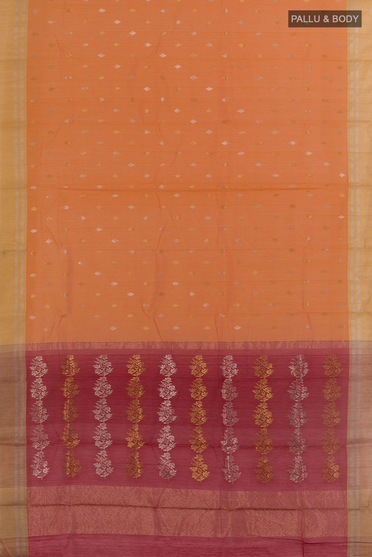 Flat view of Pure Silk Mustard Chanderi Cotton Saree with Zari Butta on the body and Zari Border. 