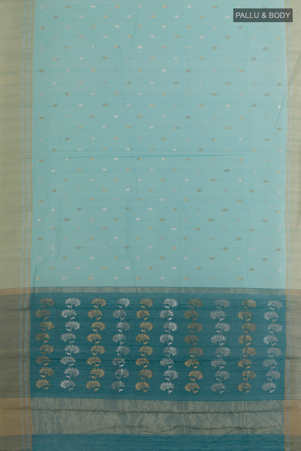 Flat view of Light Blue Chanderi Silk Cotton Saree with Zari Butta on the body and Zari Border. 