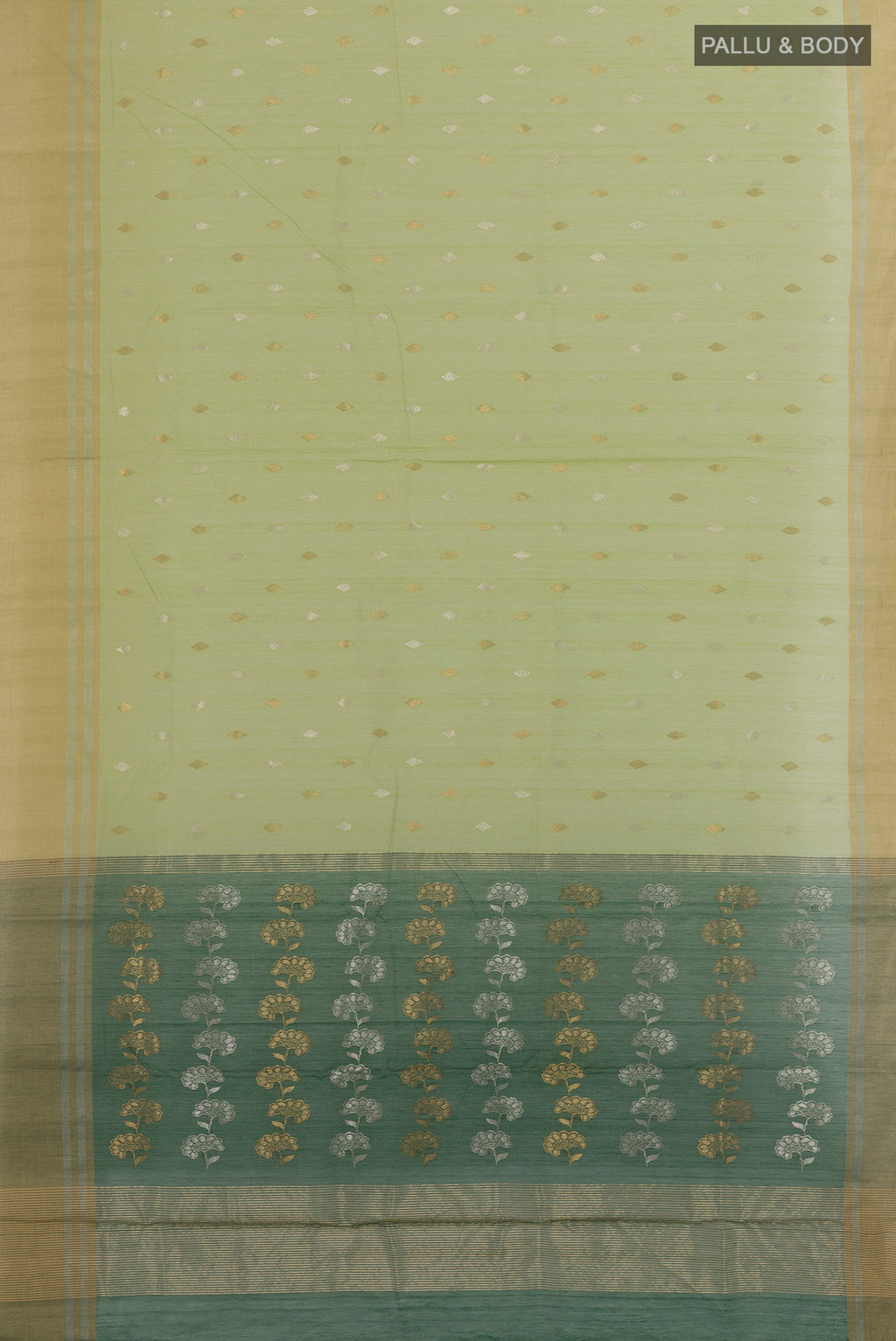 Flat view of Light Green Blended Chanderi Silk Cotton Saree with Zari Butta on the body and Zari Border. 