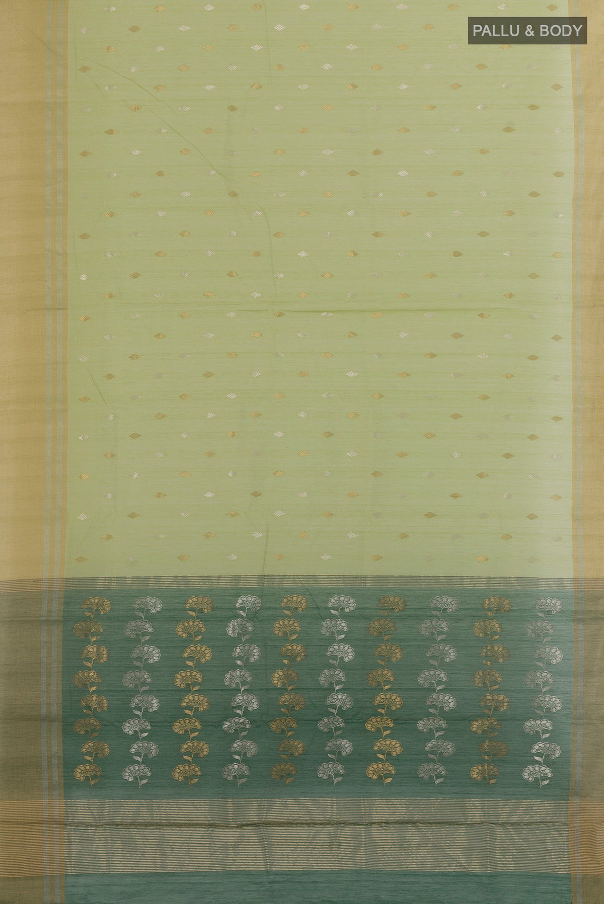 Flat view of Light Green Blended Chanderi Silk Cotton Saree with Zari Butta on the body and Zari Border. 
