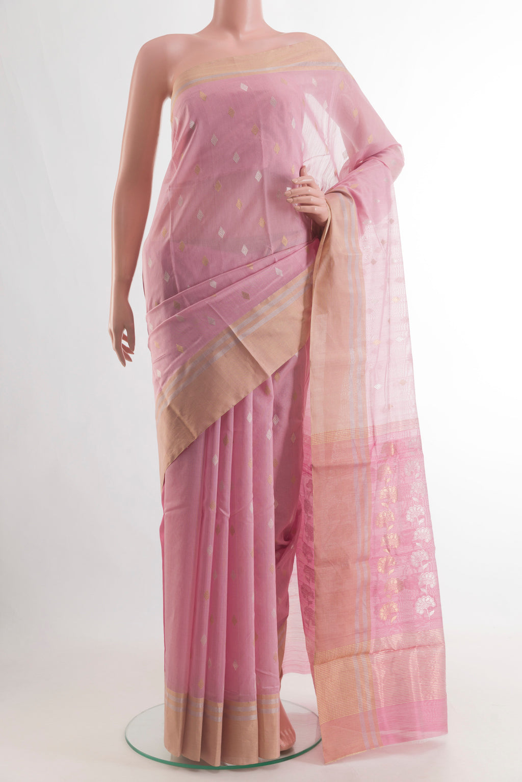 Pure Silk Rose pink Chanderi Cotton Saree with Zari Butta on the body and Zari Border.  displayed on a mannequin