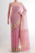 Pure Silk Rose pink Chanderi Cotton Saree with Zari Butta on the body and Zari Border.  displayed on a mannequin