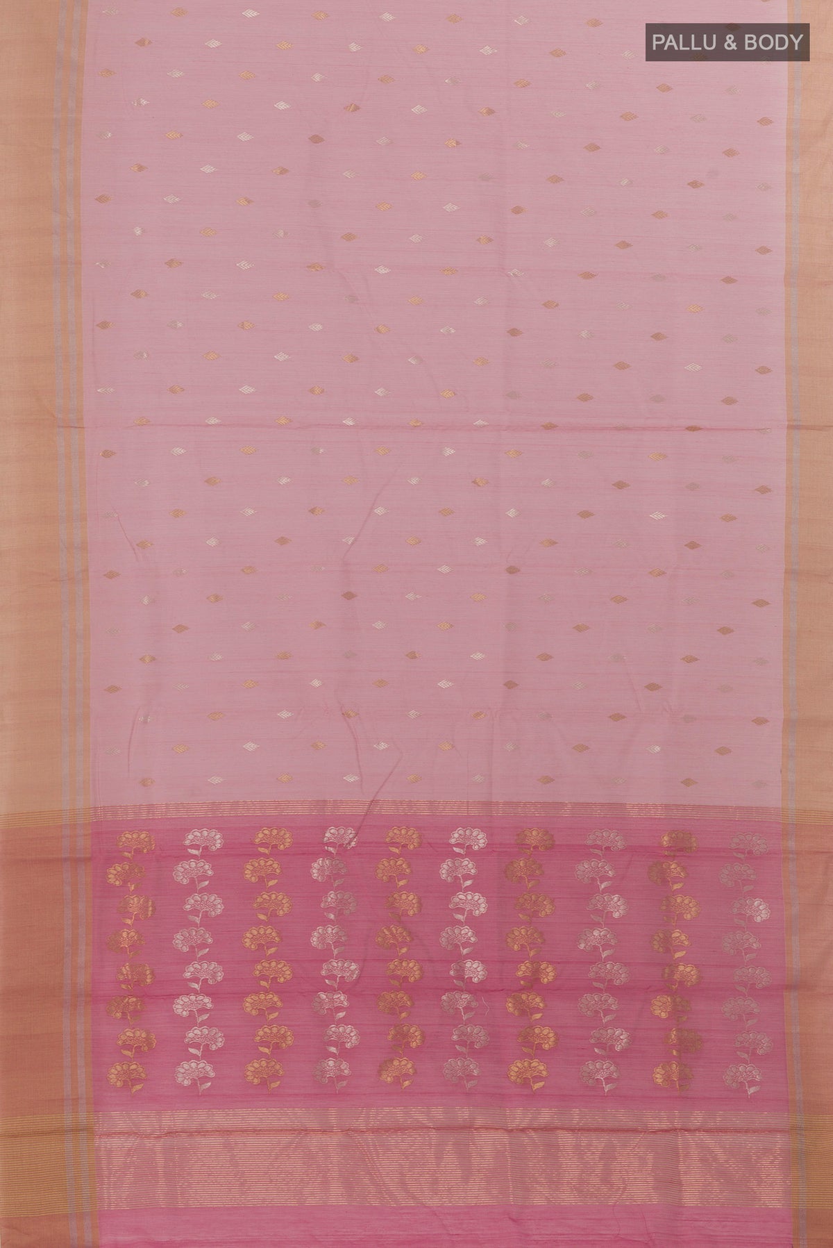 Flat view of Pure Silk Rose pink Chanderi Cotton Saree with Zari Butta on the body and Zari Border. 