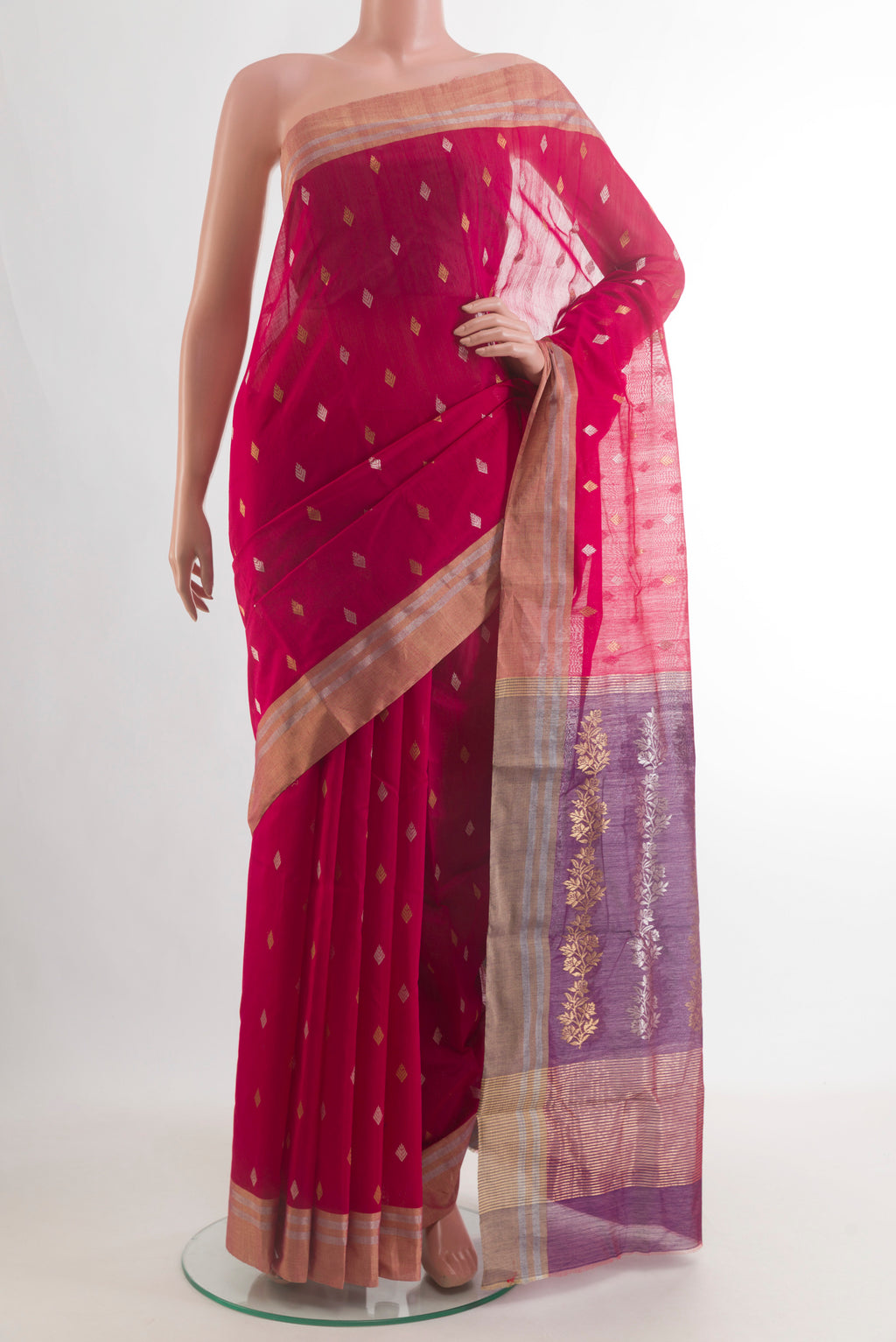 Pink Blended Chanderi Silk Cotton Saree with Zari Butta on the body and Zari Border.  displayed on a mannequin
