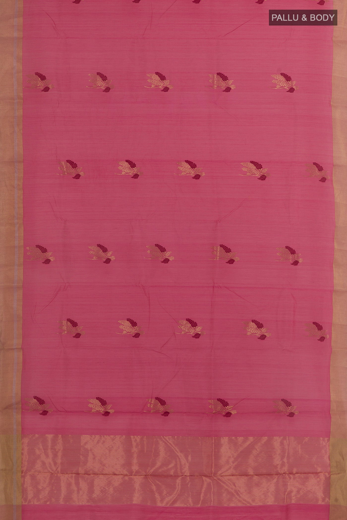 Flat view of Pink Chanderi Silk Cotton Saree with Zari Butta on the body and Zari Border. 